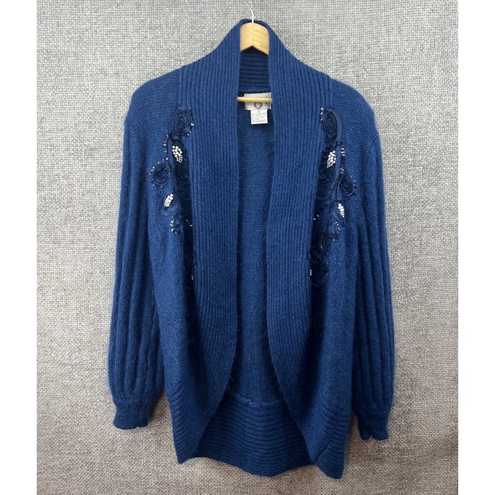 Cervelle Women's Med Blue Mohair Wool Blend Beaded Floral Embroidery Cardigan